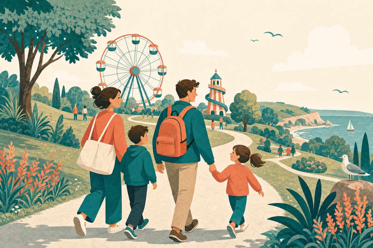 Illustration of a UK family day out — park, attractions and coast